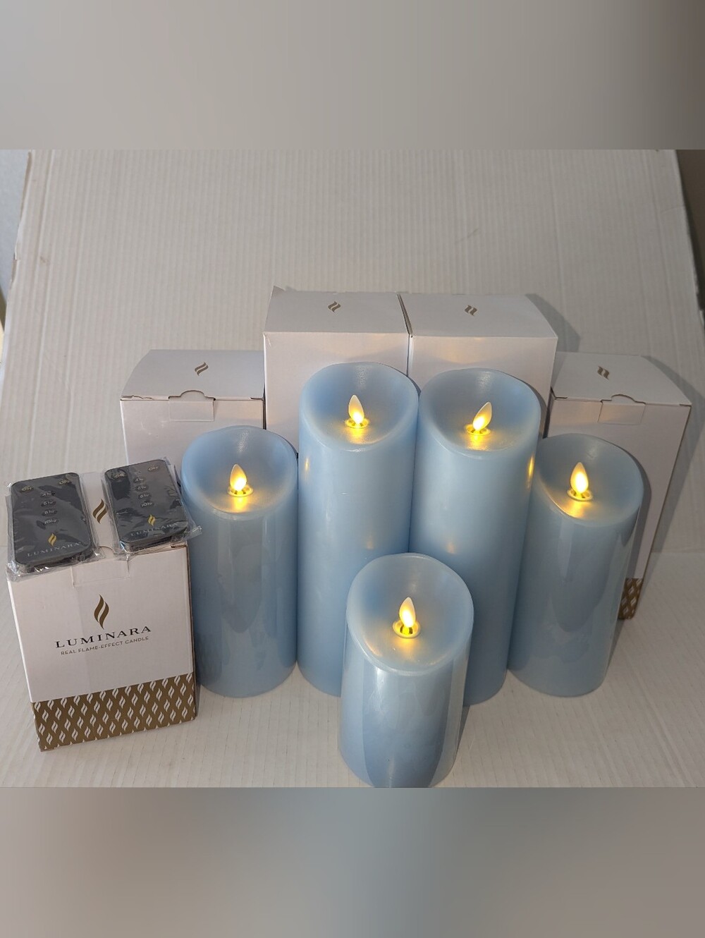 Rare Luminara Baby Blue Flameless Candle 5-Pack Set w/ Boxes & 2 New Remotes